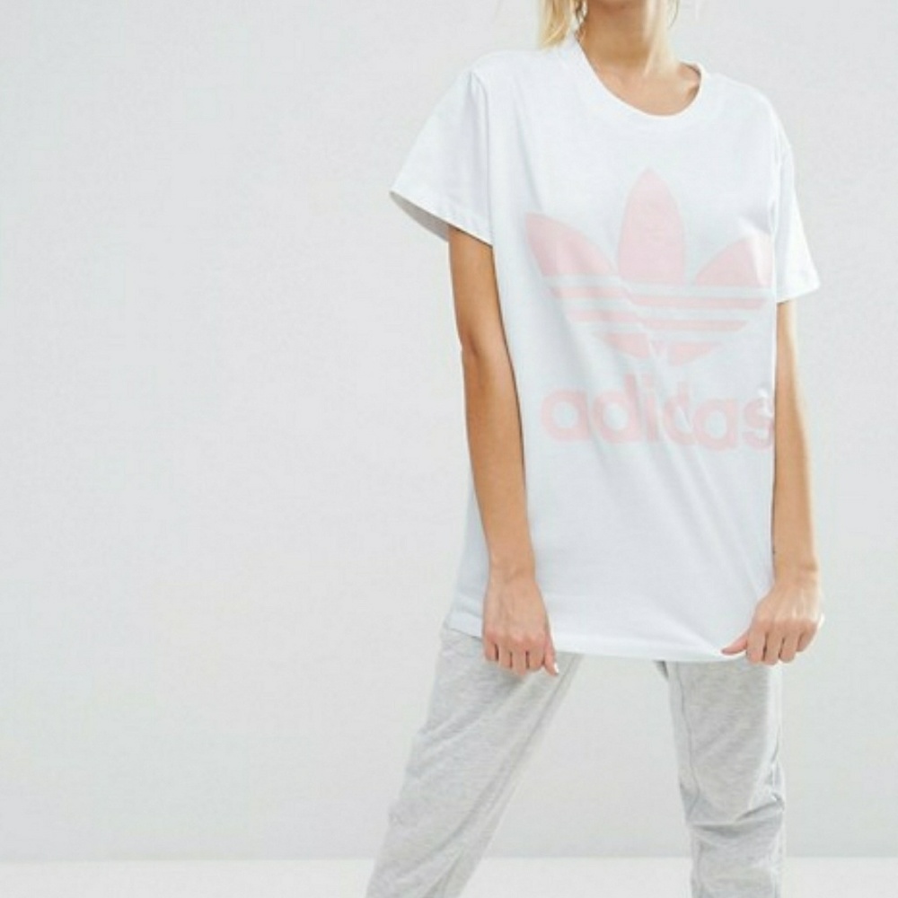 Adidas Originals Big Trefoil Tee In White And Pink